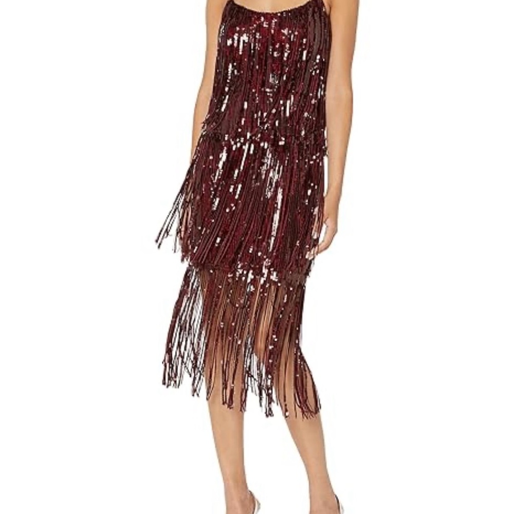Dress the Population Burgundy Sequin Fringe Midi Dress